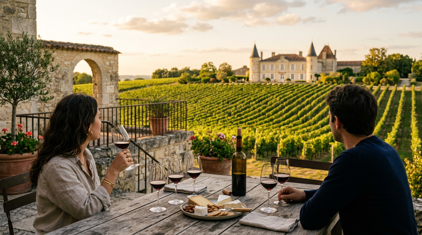 A private wine tasting on a Bordeaux chateau terrace overlooking the vineyards