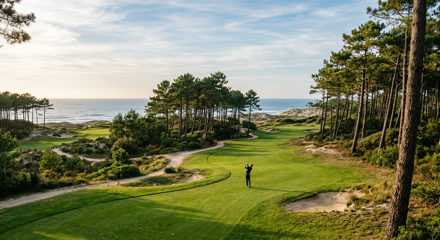 A golf fairway with a honey-stone chateau in the distance at golden hour