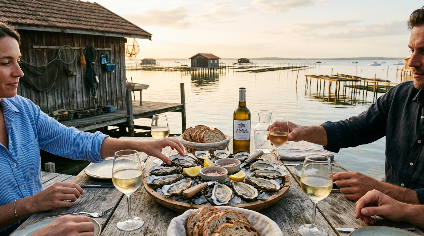 Freshly opened oysters and white wine on a wooden table by the water