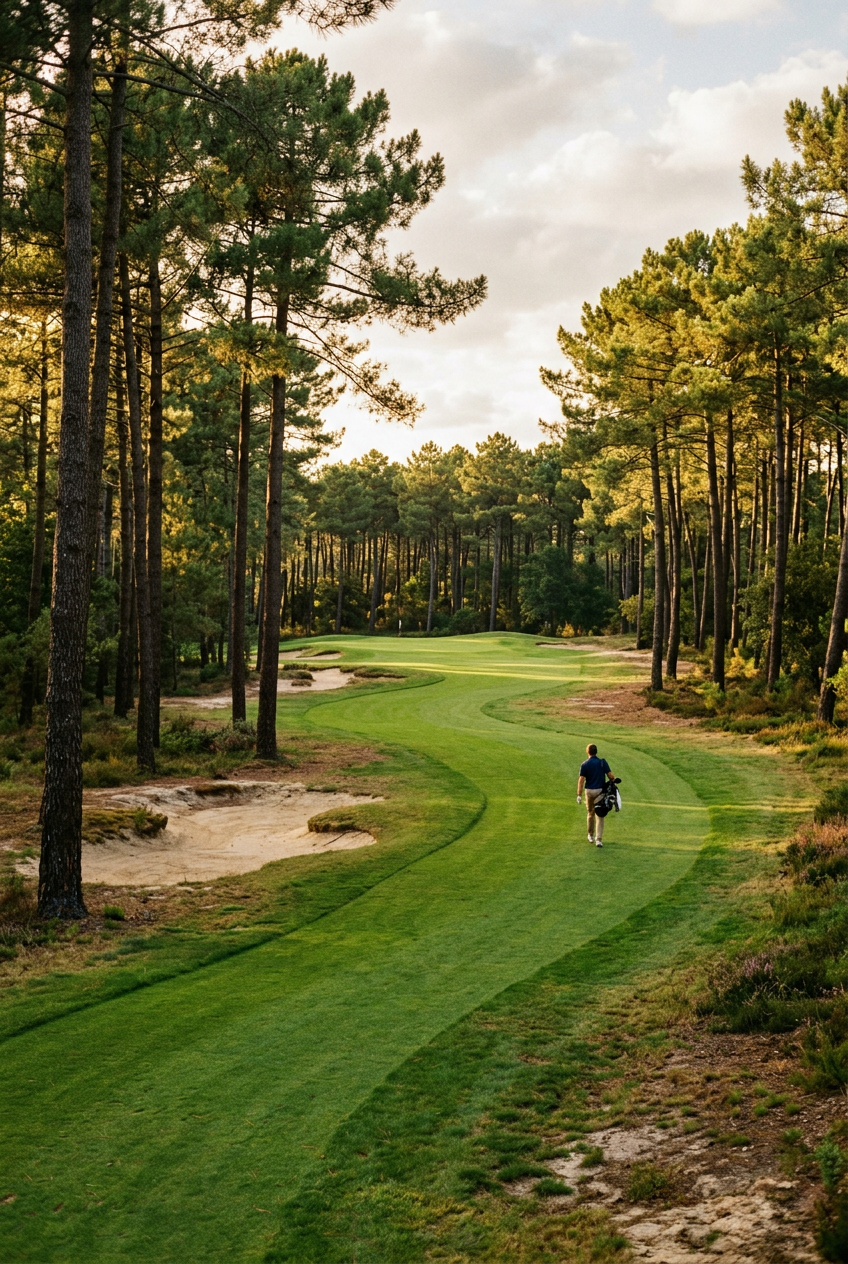 A golf fairway winding between tall maritime pines in golden light