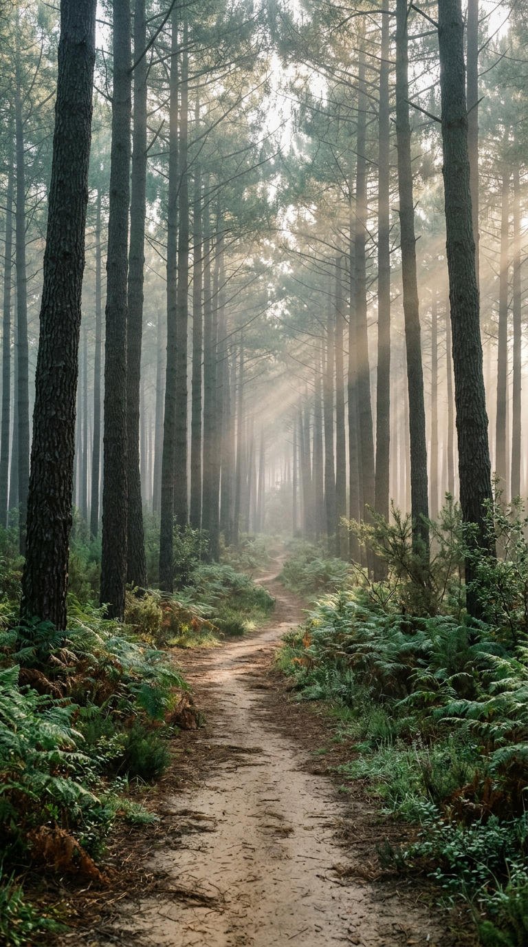A sandy path through the misty pine forest of Les Landes