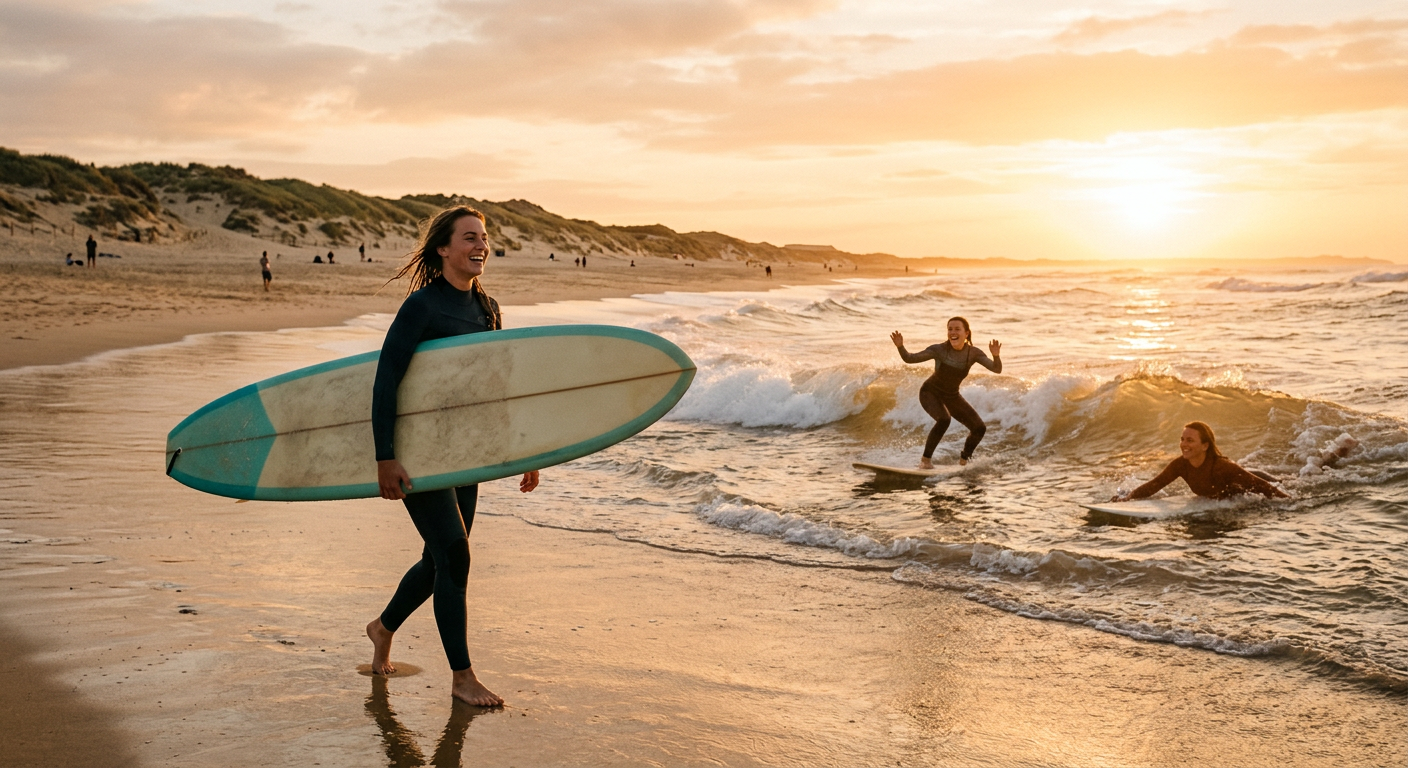 Friends surfing and laughing in golden waves at sunset in Hossegor