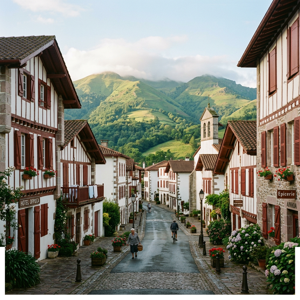 A Basque village of white houses with red shutters beneath green hills